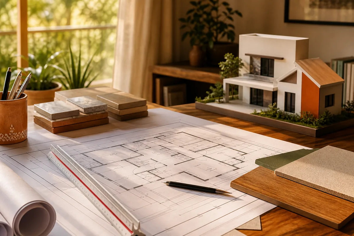 House plans, material samples and a residential model ready for project discussion